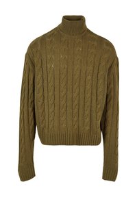 Zielono-oliwkowy sweter z dzianiny z wysokim dekoltem, z warkoczowym wzorem oraz ściągaczami przy mankietach i u dołu. Krótkie fason z luźnym krojem.