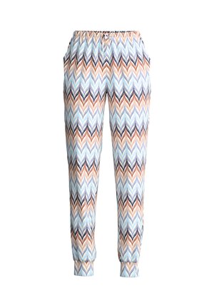 Zachte stoffen broek met taps toelopende boorden, elastische tailleband en een meerkleurig zigzag-chevronpatroon in blauw, perzik en marineblauw.