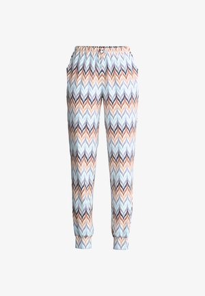 Zachte stoffen broek met taps toelopende boorden, elastische tailleband en een meerkleurig zigzag-chevronpatroon in blauw, perzik en marineblauw.
