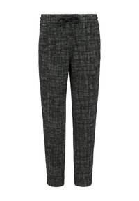 Zwarte en grijs gestreepte broek met een elastische tailleband en trekkoord. De stof heeft een gestructureerd, geruit ontwerp en is taps toelopend.