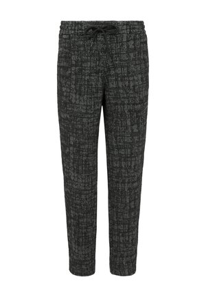 Black and gray patterned pants with an elastic waistband and drawstring. The fabric features a textured, checkered design and tapered legs.