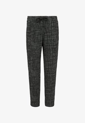 Czarno-szare spodnie w wzory ze elastycznym paskiem w talii i sznurkiem do regulacji. Materiał ma teksturowany, w kratkę wzór i zwężane nogawki.