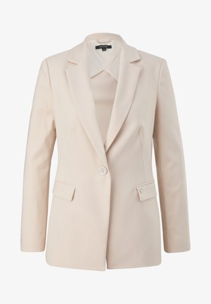 Beige Blazer mit einem einzigen Knopfverschluss, Reverskragen, zwei Fronttaschen und glatter Stofftextur.