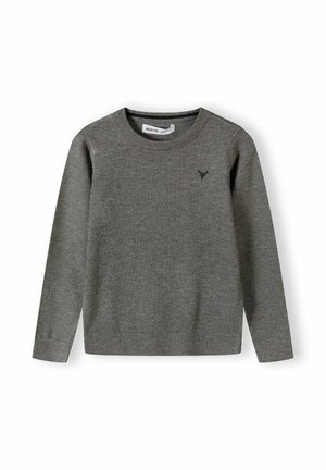 Gray knitted sweater with long sleeves and a round neckline. Features a small dark logo on the chest and ribbed cuffs and hem.