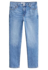 Jeans de mezclilla azul claro con corte recto, cinco bolsillos, cierre de botón y cremallera, y un ligero desgastado en los muslos delanteros.