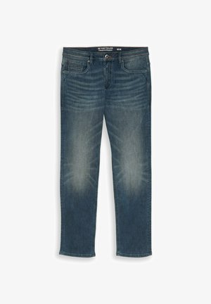 Otse lõikega sinised teksapüksid tuhmunud detailidega reitel ja põlvedel, esikinnis nööpidega ja viie taskuga disain. Suurus 32/32.