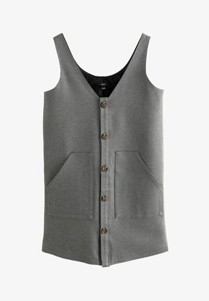 Siva haljina bez rukava s dugmadi i s dva prednja džepa, napravljena od teksturirane tkanine, s V-izrezom i smešnim dugmadi.