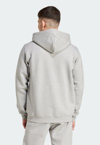 Gray hoodie with a spacious hood, ribbed cuffs, and hem. Made from soft fabric, it has a smooth texture and minimal design.