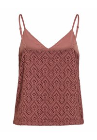 Top caraco mauve à fines bretelles avec partie supérieure unie et superposition de dentelle à motif losange sur le corps.