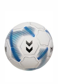 Hvid fodbold med blå gradientmønstre, hexagonale paneler, struktureret overflade og sort branding. Har livlige blå accenter.