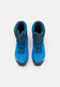 Blue hiking boots with a mesh upper, padded collar, and black rubber sole. Features include reinforced toe, adjustable lace system, and ankle support.
