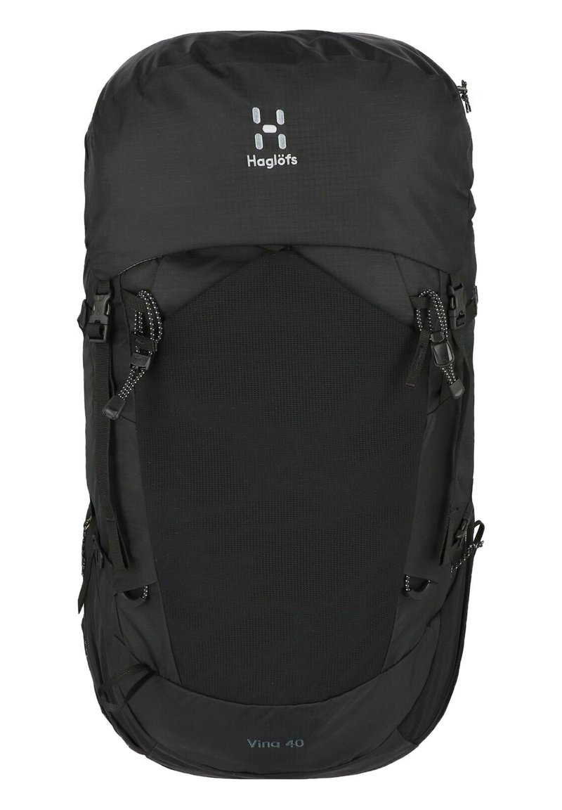 Zwarte wandelrugzak, 40L capaciteit, duurzame stof, ergonomisch ontwerp, verstelbare riemen en meerdere buitenzakken voor het organiseren van uitrusting.