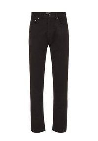 Zwarte rechte jeans met een voorknop, rits, vijf zakken en lussen voor een riem, gepresenteerd tegen een witte achtergrond.