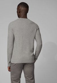 Šedá košile s dlouhým rukávem vyrobená z měkké látky, s kulatým výstřihem a žebrovanými manžetami. V kombinaci se světle šedými kalhotami, z pohledu zezadu.