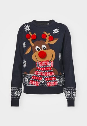 Navy blue sweater featuring a reindeer design with three red pom-poms, a red scarf, and snowflake patterns on the sleeves and hem.