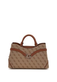 Borsa a tote beige con tessuto decorato, dettagli in pelle marrone, doppie maniglie e logo frontale. Ha una forma strutturata.