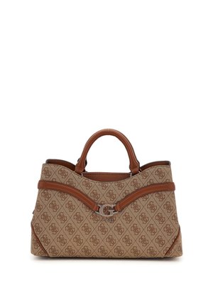 Beige tote bag with a patterned fabric, brown leather accents, double handles, and a front logo detail. Contains a structured shape.