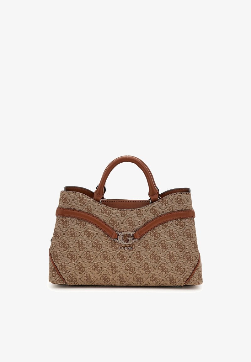 Borsa a tote beige con tessuto decorato, dettagli in pelle marrone, doppie maniglie e logo frontale. Ha una forma strutturata.