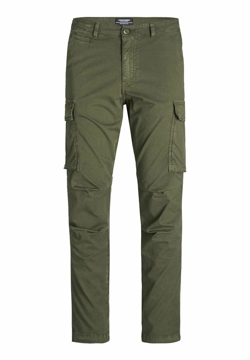 Oliwkowe spodnie cargo o prostym kroju, wyposażone w boczne kieszenie, szlufki na pasek oraz zamek błyskawiczny. Wykonane z trwałej, lekkiej bawełny.