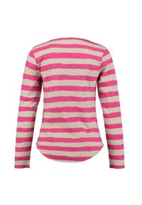 Langärmliges Oberteil in Beige mit kräftigen rosa horizontalen Streifen. Verfügt über einen abgerundeten Saum und eine weiche Textur. Keine sichtbaren Logos oder Verzierungen.