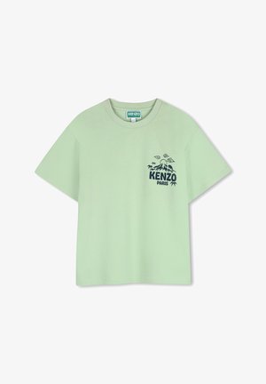 Lichtgroen katoenen T-shirt met korte mouwen, een ronde hals en een grafische print met bergen en "KENZO PARIS" op de borst.