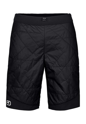 Schwarze isolierte Shorts mit einem Rautenmuster, elastischem Bund und Logodetail am linken Bein. Texturiertes, leichtes Material.