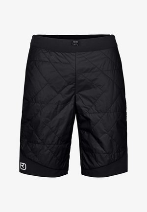 Black insulated shorts with a diamond quilted pattern, elastic waistband, and logo detail on the lower left leg. Textured, lightweight material.