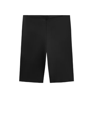 Schwarze Sportshorts, knielang, aus glattem, leichtem Stoff mit einem elastischen Bund und ohne sichtbare Nähte oder Muster.