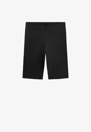Schwarze Sportshorts, knielang, aus glattem, leichtem Stoff mit einem elastischen Bund und ohne sichtbare Nähte oder Muster.