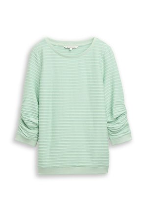 Világos menta zöld hosszú ujjú felső texturált vízszintes csíkokkal. Ráncolt ujjakkal és kerek nyakkivágással rendelkezik. Puha anyagból készült.