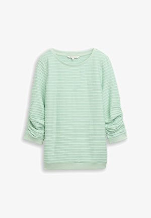 Világos menta zöld hosszú ujjú felső texturált vízszintes csíkokkal. Ráncolt ujjakkal és kerek nyakkivágással rendelkezik. Puha anyagból készült.