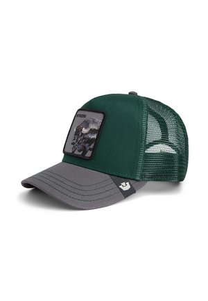 Gorra verde y gris con una parte trasera de malla, que cuenta con un parche en la parte frontal de un bisonte. Visera estructurada y detalles de costura en contraste.