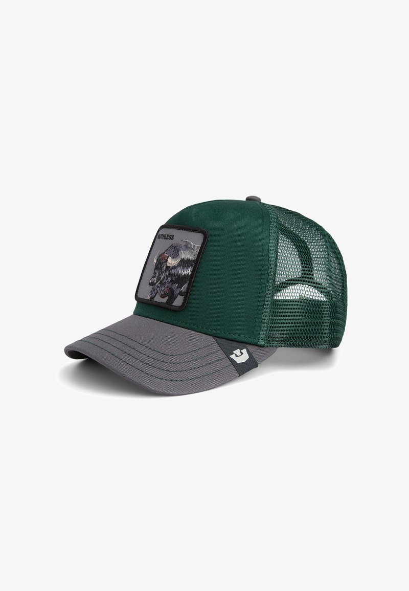 Groene en grijze pet met een netten achterkant, met een voorkant patch van een bizon. Gestructureerde rand en contrasterende stikseldetails.