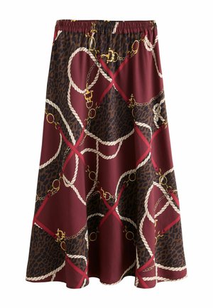 Midirock mit elastischem Bund, in Burgunderrot und dunkelbraunem Leopardenmuster-Hintergrund, verziert mit weißen Seil- und goldenen Kettenmustern.