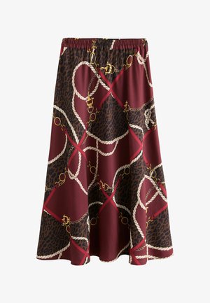 Midi-nederdel med elastisk talje, bordeaux og mørkebrun leopardprint baggrund, dekoreret med hvide reb og guldkædemønstre.