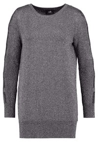 Gray, sparkly long-sleeve sweater with a round neckline, ribbed hem, and side slits. Textured finish with a loose fit and minimal detailing.