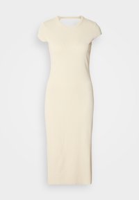 Cream-colored ribbed midi dress with short sleeves, round neckline, and a form-fitting silhouette. Smooth texture with minimal detailing.