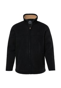 Chaqueta de forro polar negra con cuello alzado, cierre frontal con cremallera, bolsillos laterales y un forro interior suave. Sin logotipos ni patrones visibles.