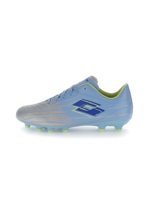 Light blue soccer cleat with yellow accents, blue logo on side, laces, and molded studs on the sole for firm ground play.