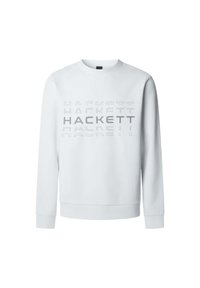 Felpa bianca a maniche lunghe con la scritta "HACKETT" stampata in testo grigio sovrapposto sul petto.