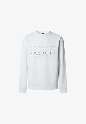 Witte lange mouwen sweatshirt met "HACKETT" gedrukt in gelaagd grijs tekst over de borst.