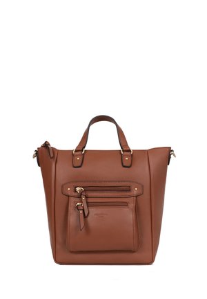 Brązowa skórzana torebka z dwoma górnymi uchwytami, przednią kieszenią na suwak i mniejszą komorą na suwak, przedstawiona na białym tle.