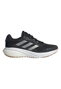 Czarne buty biegowe z oddychającą cholewką, odblaskowymi srebrnymi akcentami i miękką białą podeszwą środkową. Wyposażone w GORE-TEX w celu zapewnienia wodoodporności.