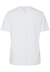 Tricou alb simplu cu mâneci scurte, văzut din spate, cu guler rotund și tiv drept.