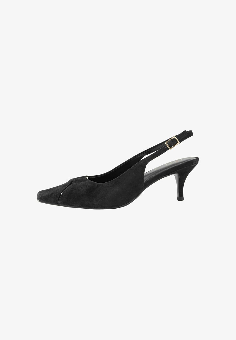 Černé semišové slingback s kitten podpatkem a špičatou špičkou s páskem na zlatou sponu na bílém pozadí.