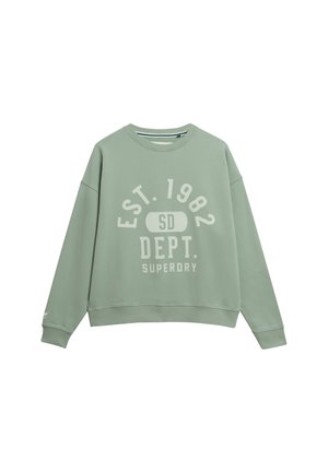 Groene katoenen sweatshirt met een relaxed fit, voorzien van witte tekst "EST. 1982 SD DEPT. SUPERDRY," ribbels in de nek en cuffs, en een geborstelde textuur.