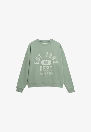 Grøn bomulds sweatshirt med løs pasform, prydet med hvid tekst "EST. 1982 SD DEPT. SUPERDRY," ribbet hals og manchetter samt en børstet overflade.