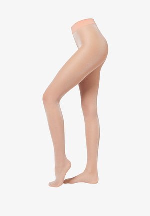 Beige Strumpfhosen mit einer glatten, glänzenden Oberfläche, ausgestattet mit einem sanften, pinken Bündchen. Das Material hat einen dezenten Schimmer und passt snug.