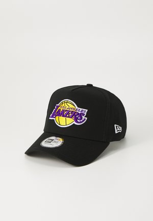 Black baseball cap featuring embroidered "Los Angeles Lakers" logo in purple and yellow with a flat brim and adjustable strap.