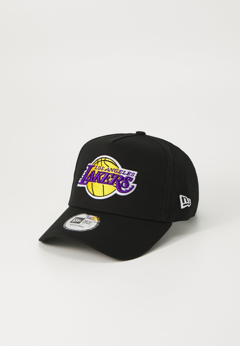 Black baseball cap featuring embroidered "Los Angeles Lakers" logo in purple and yellow with a flat brim and adjustable strap.